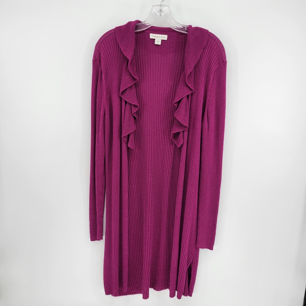 Coldwater Creek Magenta Ruffle Ribbed Longline Open Front Cardigan XL Purple